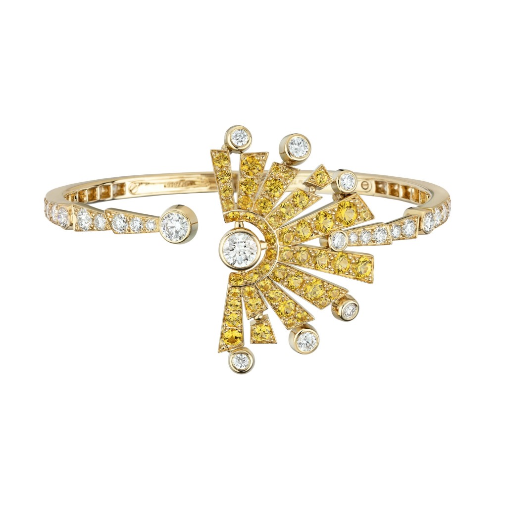 1932高級珠寶系列Soleil Talisman 18K黃金拼鑽石及黃色藍寶石手鐲/$623,000。